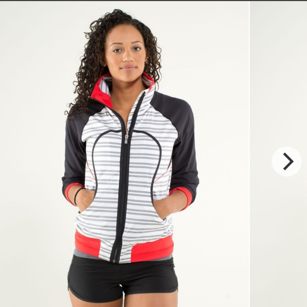 lululemon run:track attack jacket twin stripe black/red/gray size 6